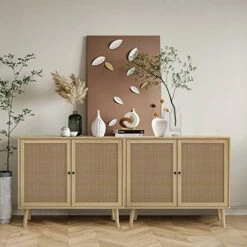 QHITTY Rattan Sideboard Buffet Cabinet, Accent Kitchen Storage Cabinet Console Table With Adjustable Shelves For Living Room, Dining Room, Bedroom (Natural)