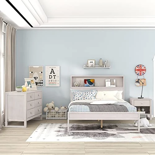 Harper & Bright Designs 3 Pieces Bedroom Set Full Size Platform Bed With Nightstand And Dresser, USB Port, Solid Wood Bedroom Furniture Set Perfect for Kids/Teens/Adults Bedroom (Antique White) 2 Harper & Bright Designs 3 Pieces Bedroom Set Full Size Platform Bed With Nightstand And Dresser, USB Port, Solid Wood Bedroom Furniture Set Perfect for Kids/Teens/Adults Bedroom (Antique White) - Image 2