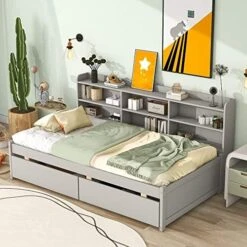 MERITLINE Twin Bed Frames With Headboard, Wood Twin Bed With Storage Drawers Under Bed, Twin Size Platform Bed For Boys And Girls, Grey -Safavieh Furniture 51VfK4WUHgL. AC