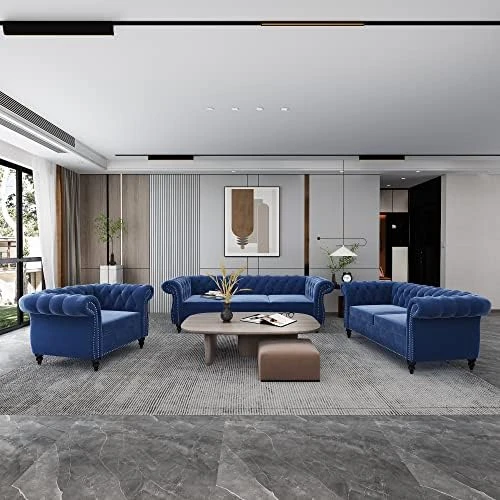 RARZOE 3 Pieces Of Living Room Furniture Sofa Sets, Modern Velvet Chesterfield Sofa&Chesterfield Club Chair&Chesterfield Loveseat Sofas Set With Nailhead Trim Scroll Arms For Living Room(Grey) 9 RARZOE 3 Pieces Of Living Room Furniture Sofa Sets, Modern Velvet Chesterfield Sofa&Chesterfield Club Chair&Chesterfield Loveseat Sofas Set With Nailhead Trim Scroll Arms For Living Room(Grey) - Image 9