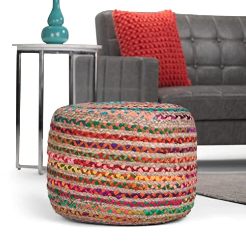 SIMPLIHOME Margo Round Pouf, Footstool, Upholstered In Multi Color Hand Braided Jute, For The Living Room, Bedroom And Kids Room, Boho, , 2 SIMPLIHOME Margo Round Pouf, Footstool, Upholstered In Multi Color Hand Braided Jute, For The Living Room, Bedroom And Kids Room, Boho, , - Image 2