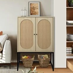 AWQM Natural Rattan 2 Door High Cabinet,Sideboard Buffet Cupboard Accent Cabinet,Adjustable Shelves,Free Standing Bookmatch,Easy Assembly26.77 L X 15.75" W X 41.34" H,Rustic Oak Beige