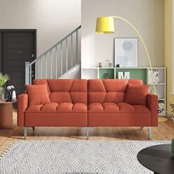 Merax Linen Upholstered Modern Convertible Folding Futon Sofa Bed With 2 Pillows And Metal Frame, For Compact Living Space, Apartment, Dorm, Orange
