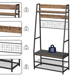 Cozy Castle Hall Tree With Shoe Bench For Entryway, 5-in-1 Design Coat Rack With Shoe Storage And DIY Hooks, Industrial Accent Clothes Rack With Metal Frame, Cushion Included, Rustic Brown -Safavieh Furniture 51WaERJ4QDL