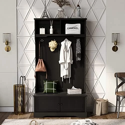 Hall Tree With Bench And Shoe Storage, Entryway Bench With Coat Rack, 24 Shoe Cubby, White 10 Hall Tree With Bench And Shoe Storage, Entryway Bench With Coat Rack, 24 Shoe Cubby, White - Image 10