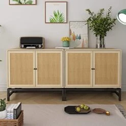 Pvillez Modern Storage Cabinet With Natural Rattan Doors, Sideboard Buffet Cabinet With Storage, Adjustable Shelves, Rattan Cabinet Console Table For Living Room, Dining Room, Entryway, White -Safavieh Furniture 51WjiA12GgL. AC