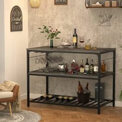 Homieasy Kitchen Island With Wine Glass Holder, Industrial Wood And Metal Coffee Bar Wine Rack Table, 3 Tier Spacious Kitchen Prep Table Extended Counter With Hooks Easy To Assemble, Black Oak -Safavieh Furniture 51WnfPgsCWL