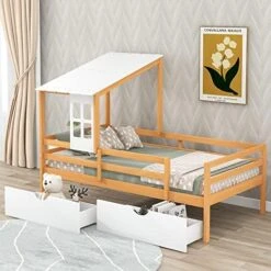 DEINPPA Twin Size House Bed With Drawer, House Platform Bed With Roof And Window, Cute Montessori Bed For Toddlers Kids Boys Girls -Safavieh Furniture 51WooHzKKgL. AC