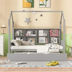 House Bed With Trundle, Twin House Bed For Kids, Wooden Platform Bed Frame With Headboard And Roof, For Girls Boys (Twin Size, White) 23 House Bed With Trundle, Twin House Bed For Kids, Wooden Platform Bed Frame With Headboard And Roof, For Girls Boys (Twin Size, White) -Safavieh Furniture 51WpHEZERpL. AC