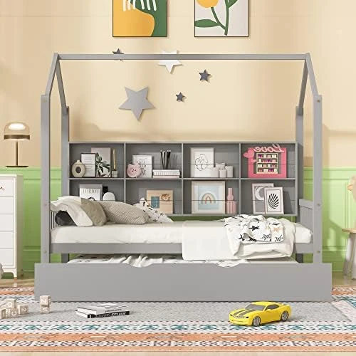 House Bed With Trundle, Twin House Bed For Kids, Wooden Platform Bed Frame With Headboard And Roof, For Girls Boys (Twin Size, White) 9 House Bed With Trundle, Twin House Bed For Kids, Wooden Platform Bed Frame With Headboard And Roof, For Girls Boys (Twin Size, White) - Image 9