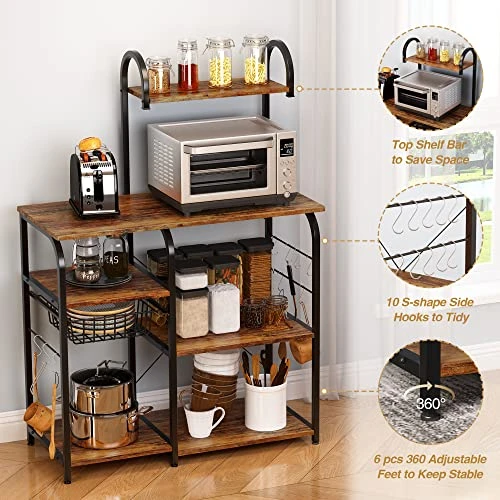 Mr IRONSTONE Bakers Rack Microwave Stand Kitchen Cart 35.5" Microwave Cart 3-Tier+4-Tier Kitchen Shelves For Spice Rack Organizer Coffee Station With 10 Hooks, Easy To Assemble (Vintage) 3 Mr IRONSTONE Bakers Rack Microwave Stand Kitchen Cart 35.5" Microwave Cart 3-Tier+4-Tier Kitchen Shelves For Spice Rack Organizer Coffee Station With 10 Hooks, Easy To Assemble (Vintage) - Image 3