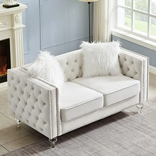 Mikibama Velvet Loveseat Sofa 59 Inch Jeweled Buttons Tufted Loveseat With Acrylic Crystal Legs And 2 Pillows Modern Furniture For Living Room, Bedroom(Grey) 10 Mikibama Velvet Loveseat Sofa 59 Inch Jeweled Buttons Tufted Loveseat With Acrylic Crystal Legs And 2 Pillows Modern Furniture For Living Room, Bedroom(Grey) - Image 10