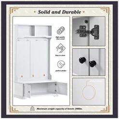 Gosuna Hall Tree Storage Bench 3-in-1 Entryway Coat Rack With 4 Double Hooks Wood Entryway Bench With Storage (White) -Safavieh Furniture 51X13i0gngL