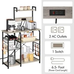 Topeakmart Industrial Kitchen Baker's Rack With Power Outlet, Utility Storage Shelf Unit With Wire Basket And Wine Storage, Coffee Bar Table Organizer With 10 Hooks, Gray -Safavieh Furniture 51X6mfHck3L