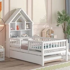 NCKMYB Twin Size Platform Bed With Storage Bookcase And Trundle, Kid Platform Bed With Fence Guardrails And House Shaped Headboard, For Boy Girl Toddler, Grey -Safavieh Furniture 51X7Tp3o6GL. AC