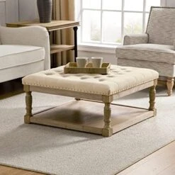 HULALA HOME Large Square Ottoman Coffee Table For Living Room, Button Tufted Cocktail Ottoman With Shelf & Solid Wood Legs, Upholstered Farmhouse Footrest Stool, Beige -Safavieh Furniture 51X7iSVtGbL. AC