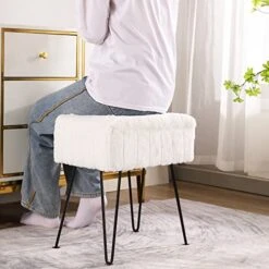 CUYOCA Vanity Stool Ottoman With Storage Bench, Faux Fur Stool For Vanity With Metal Legs, Makeup Chair Vanity Stool For Bedroom Living Room, White -Safavieh Furniture 51XBqWz2XyL