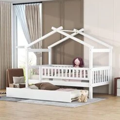 DEINPPA Full House Bed With Trundle, Kids Bed With Fence Guardrails, Wood Bed Frame, Decorative Roof Designs, No Box Spring Needed, For Boys Girls Toddler Kids-Walnut 22 DEINPPA Full House Bed With Trundle, Kids Bed With Fence Guardrails, Wood Bed Frame, Decorative Roof Designs, No Box Spring Needed, For Boys Girls Toddler Kids-Walnut -Safavieh Furniture 51XDam7KwyL. AC