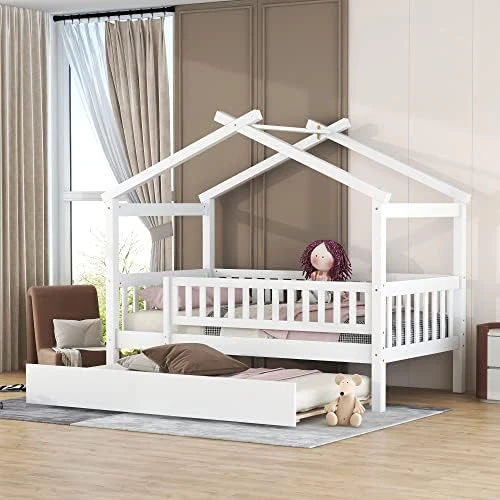 DEINPPA Full House Bed With Trundle, Kids Bed With Fence Guardrails, Wood Bed Frame, Decorative Roof Designs, No Box Spring Needed, For Boys Girls Toddler Kids-Walnut 8 DEINPPA Full House Bed With Trundle, Kids Bed With Fence Guardrails, Wood Bed Frame, Decorative Roof Designs, No Box Spring Needed, For Boys Girls Toddler Kids-Walnut - Image 8