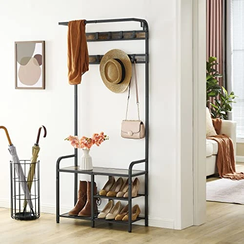 Tajsoon Coat Rack, Hall Tree With Bench And Shoe Storage, Coat Rack Shoe Bench, 3-in-1 Shoe Rack And Coat Rack For Entryway, 11.24 X 28.35 X 66.34 Inches, Metal, Rustic Brown And Black 3 Tajsoon Coat Rack, Hall Tree With Bench And Shoe Storage, Coat Rack Shoe Bench, 3-in-1 Shoe Rack And Coat Rack For Entryway, 11.24 X 28.35 X 66.34 Inches, Metal, Rustic Brown And Black - Image 3