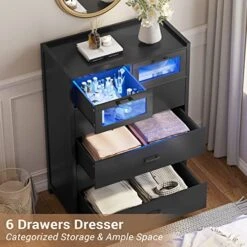 VIAGDO Black Dresser With 6 Drawers, Dressers & Chests Of Drawers With LED Lights, Wood Drawer Chest With Visual Drawer, Modern Large Capacity Storage Cabinet Dresser For Bedroom, Entryway, Closet -Safavieh Furniture 51XJJl74RSL