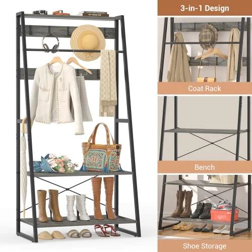 Unikito Coat Rack, 3-in-1 Hall Tree With Storage Shoe Rack, Freestanding Entryway Bench With Shelves, Industrial Entry Coat Stand With Metal Frame For Entrance, Foyer, Bedroom, Easy Assemble, Gray 3 Unikito Coat Rack, 3-in-1 Hall Tree With Storage Shoe Rack, Freestanding Entryway Bench With Shelves, Industrial Entry Coat Stand With Metal Frame For Entrance, Foyer, Bedroom, Easy Assemble, Gray - Image 3