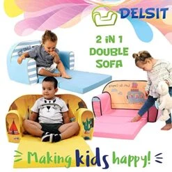 Delsit Toddler Couch & Kids Sofa - European Made Children's 2 In 1 Flip Open Foam Double Sofa - Kids Folding Sofa, Toddler Sofa Bed - Comfy Fold Out Lounge (Gray With Clouds) -Safavieh Furniture 51XXh9NyGgL
