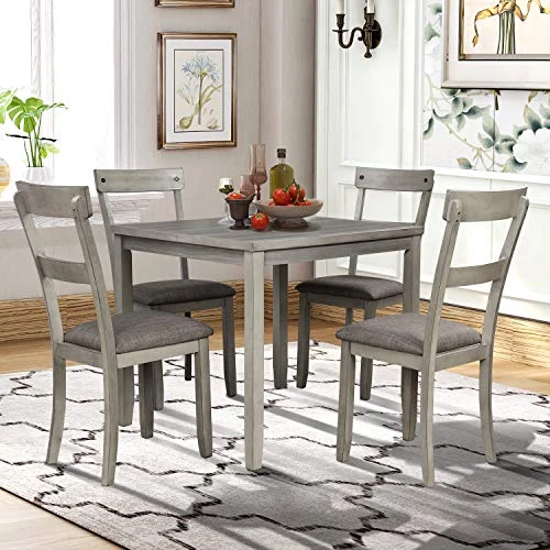 5 Piece Dining Table Set, Wooden Kitchen Dining Table Set With Square Table And 4 Upholstered Chairs For Kitchen, Dining Room, Family And Apartment (Light Gray+4 Person) 3 5 Piece Dining Table Set, Wooden Kitchen Dining Table Set With Square Table And 4 Upholstered Chairs For Kitchen, Dining Room, Family And Apartment (Light Gray+4 Person) - Image 3