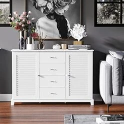 HOMCOM Sideboard Buffet Cabinet, Kitchen Cabinet, Coffee Bar Cabinet With 4 Drawers And 2 Louvered Doors For Living Room, Kitchen, White 8 HOMCOM Sideboard Buffet Cabinet, Kitchen Cabinet, Coffee Bar Cabinet With 4 Drawers And 2 Louvered Doors For Living Room, Kitchen, White -Safavieh Furniture 51XbpHF746S