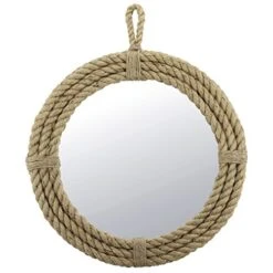 Stonebriar SB-5389A Small Round Wrapped Rope Mirror With Hanging Loop, Vintage Nautical Design, Brown , Tan
