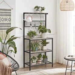 VASAGLE Bakers Rack, Coffee Bar, Kitchen Storage Shelf Rack With 10 Hooks, 3 Shelves, Adjustable Feet, For Microwave Oven, 15.7 X 33.1 X 66.9 Inches, Industrial, Greige And Black UKKS017B02 -Safavieh Furniture 51Xtvu1iyUL