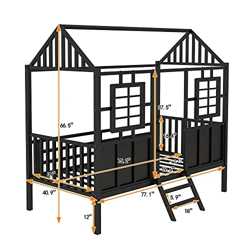 MERITLINE House Bed Twin Kids Bed Metal Frame, Low Loft Bed Twin Platform Bed With Roof, No Box Spring Needed, For Girls Boys - Black 2 MERITLINE House Bed Twin Kids Bed Metal Frame, Low Loft Bed Twin Platform Bed With Roof, No Box Spring Needed, For Girls Boys - Black - Image 2