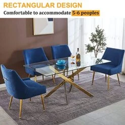 Pvillez Contemporary Glass Dining Table For 6 People, 63 Inch Rectangular Glass Kitchen Table For Dining Room Kitchen, Modern Tempered Glass Top Dining Table With Gold Stainless Steel Pedestal Base -Safavieh Furniture 51Y4Mfl6kaL