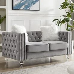 Mikibama Velvet Loveseat Sofa 59 Inch Jeweled Buttons Tufted Loveseat With Acrylic Crystal Legs And 2 Pillows Modern Furniture For Living Room, Bedroom(Grey) 19 Mikibama Velvet Loveseat Sofa 59 Inch Jeweled Buttons Tufted Loveseat With Acrylic Crystal Legs And 2 Pillows Modern Furniture For Living Room, Bedroom(Grey) -Safavieh Furniture 51Y7foZLPML