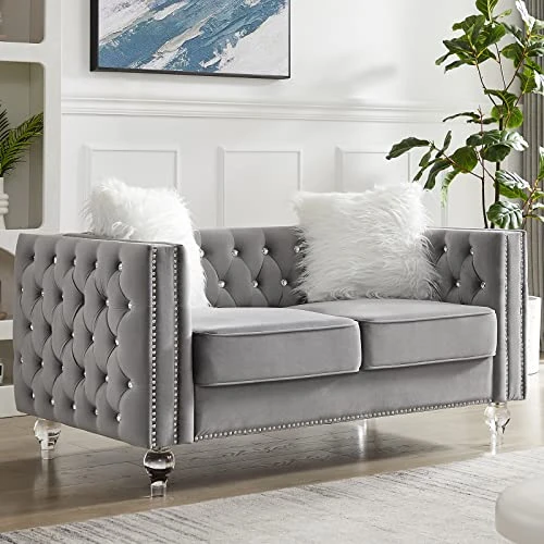 Mikibama Velvet Loveseat Sofa 59 Inch Jeweled Buttons Tufted Loveseat With Acrylic Crystal Legs And 2 Pillows Modern Furniture For Living Room, Bedroom(Grey) 5 Mikibama Velvet Loveseat Sofa 59 Inch Jeweled Buttons Tufted Loveseat With Acrylic Crystal Legs And 2 Pillows Modern Furniture For Living Room, Bedroom(Grey) - Image 5