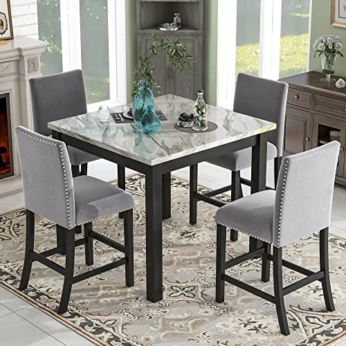Dining Table Set For 4, Counter Height Dining Table Set With Faux Marble Dining Table And 4 Upholstered-Seat Chairs, 5 Piece Dining Room Table Set For Kitchen And Living Room Furniture, Gray 1 Dining Table Set For 4, Counter Height Dining Table Set With Faux Marble Dining Table And 4 Upholstered-Seat Chairs, 5 Piece Dining Room Table Set For Kitchen And Living Room Furniture, Gray