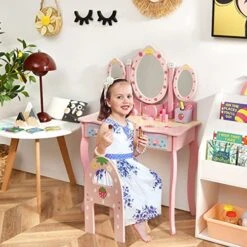 HONEY JOY Kids Vanity, Strawberry Princess Wooden Makeup Dressing Table & Chair Set W/Real Glass Tri-Fold Oval Mirror & Accessories, Detachable Top, Pretend Play Vanity Set For Little Girls(Pink) -Safavieh Furniture 51YA485uIKL