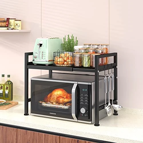 PUSDON Microwave Oven Rack, Adjustable Shelf With Hooks & 100lbs Capacity, 2-Tier Organizer For Kitchen Counter In Black-Microparticles 6 PUSDON Microwave Oven Rack, Adjustable Shelf With Hooks & 100lbs Capacity, 2-Tier Organizer For Kitchen Counter In Black-Microparticles - Image 6