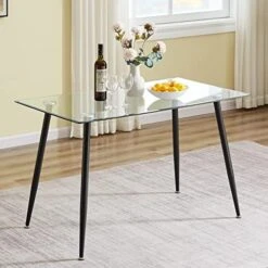 Glass Dining Table - Rectangular Tempered Glass Kitchen Table - Small Modern Glass Dining Room Table For 4 With Solid Metal Black Legs, Coffee Table For Living Room,Office,Small Space 47.2*27.6*29.5" -Safavieh Furniture 51YOjsnJm6L. AC