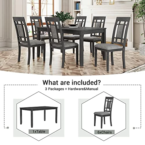 Merax 7-Piece Farmhouse Rustic Wooden Dining Set, Rectangular Table With 6 Padded Chairs, Gray 2 Merax 7-Piece Farmhouse Rustic Wooden Dining Set, Rectangular Table With 6 Padded Chairs, Gray - Image 2