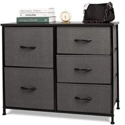 CONNOO 5 Fabric Drawer Dresser Storage Tower, Drawer Chest Storage Organizer Unit For Bedroom, Closet, Hallway, Entryway, Nursery, Sturdy Steel Frame, Wooden Top, Easy Pull Handle