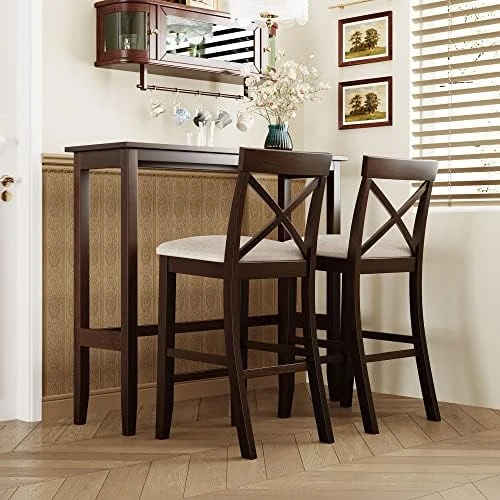 LZ LEISURE ZONE Dining Table Set For 2, Farmhouse Rustic 3-Piece Counter Height Set, Wood Dining Room Table Set With 2 Storage Drawers And 2 Stools For Small Places, White+Brown 14 LZ LEISURE ZONE Dining Table Set For 2, Farmhouse Rustic 3-Piece Counter Height Set, Wood Dining Room Table Set With 2 Storage Drawers And 2 Stools For Small Places, White+Brown - Image 14