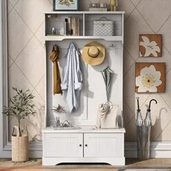 P PURLOVE Hall Tree With Storage Bench, With Shelves Cabinet And 4 Hooks, 3-in-1 Design, White