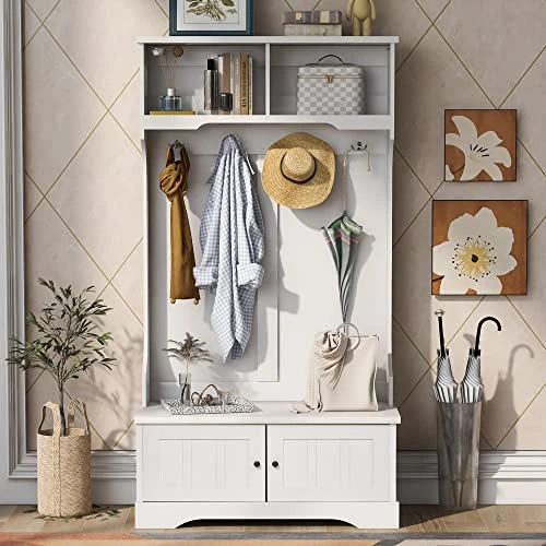 P PURLOVE Hall Tree With Storage Bench, With Shelves Cabinet And 4 Hooks, 3-in-1 Design, White 1 P PURLOVE Hall Tree With Storage Bench, With Shelves Cabinet And 4 Hooks, 3-in-1 Design, White