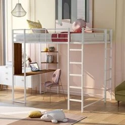 Harper & Bright Designs Full Size Loft Bed With Desk, Heavy Duty Metal Loft Bed Full With Shelves, Full Loft Bed Frame For Kids,Teens, No Box Spring Needed,Silver -Safavieh Furniture 51YjittfWDL. AC