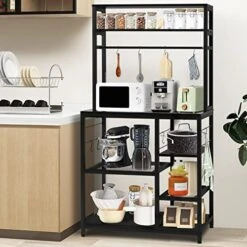 Bakers Rack With Storage, Industrial Microwave Oven Stand With Storage Mesh Panels And Sliding Hooks,Coffee Bar Stand With Wine Rack,Spice Rack, For Kitchen And Living Room, Black -Safavieh Furniture 51Yp6LPEBpL