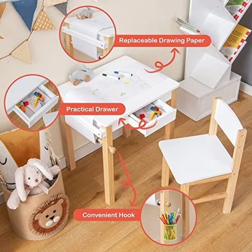Costzon Kids Table And Chair Set, Toddler Study Desk W/Paper Roll, Drawer, 2 Marker Pens, Wooden Activity Table Set For Playroom & Nursery, Gift For Boys & Girls, Toddler Table & Chair (White) 2 Costzon Kids Table And Chair Set, Toddler Study Desk W/Paper Roll, Drawer, 2 Marker Pens, Wooden Activity Table Set For Playroom & Nursery, Gift For Boys & Girls, Toddler Table & Chair (White) - Image 2