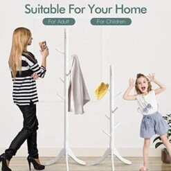 Vlush Free Standing Coat Rack, 8 Hooks Wooden Coat Hat Tree Coat Hanger Holder Enterway Hall Tree With Solid Rubber Wood Base For Coat, Hat, Clothes, Scarves, Handbags, Umbrella-White