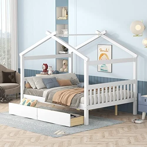 Full Size House Bed With 2 Storage Drawers Wooden Kids Montessori House Bed Frame Wood Playhouse Tent Bed For Girls Boys Teens, Natural 10 Full Size House Bed With 2 Storage Drawers Wooden Kids Montessori House Bed Frame Wood Playhouse Tent Bed For Girls Boys Teens, Natural - Image 10