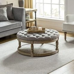 HULALA HOME Large Square Ottoman Coffee Table For Living Room, Button Tufted Cocktail Ottoman With Shelf & Solid Wood Legs, Upholstered Farmhouse Footrest Stool, Beige -Safavieh Furniture 51YxRpFUKVL. AC